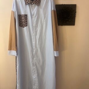 Striped Light Blue & Tan Men's Button-Up Shirt with Leopard Accent